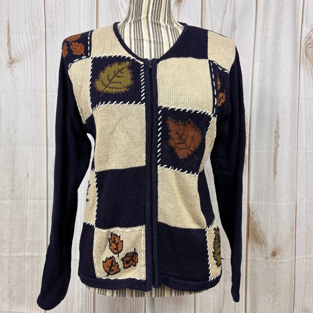 DressBarn Sweater Zippered Long Sleeve Charming Fall Leaf Design Blue Size Small
